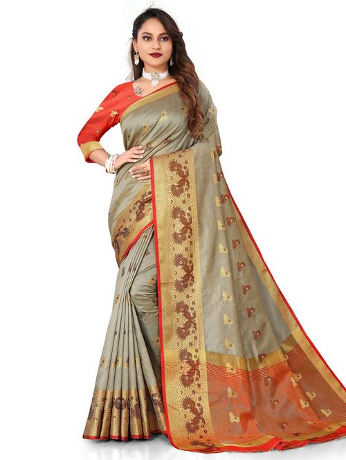 women's self design grey colored saree with blouse - 20169150 - Very Small Image - 1