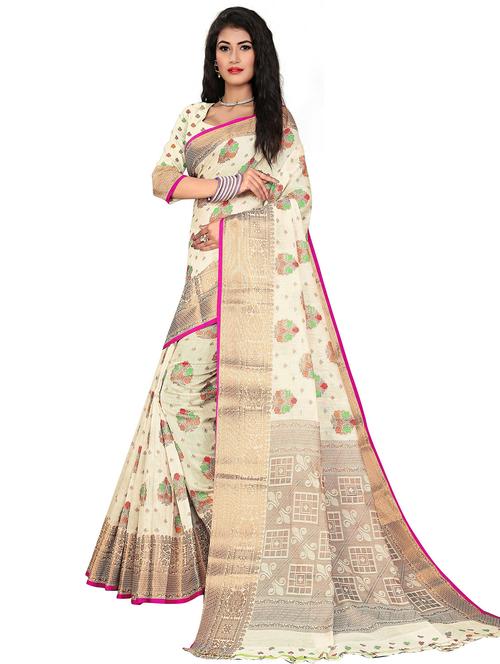 cream self design woven saree with blouse - 20169214 - Very Small Image - 1