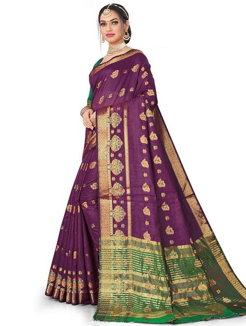 purple self design woven saree with blouse - 20169267 - Very Small Image - 1