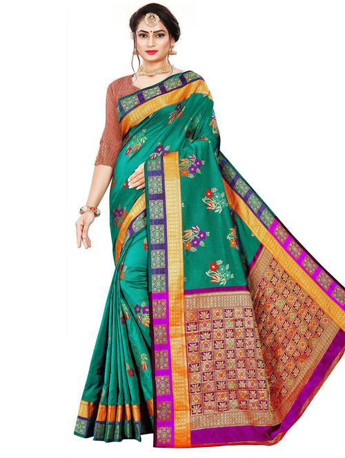 teal blue self design banarasi saree with blouse - 20169286 - Very Small Image - 1