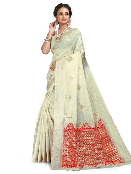 cream self design woven saree with blouse - 20169327 - Very Small Image - 1