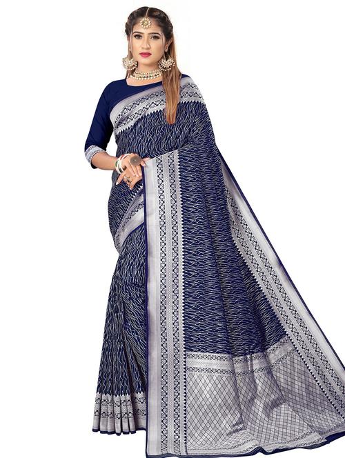 dark blue self design woven saree with blouse - 20169340 - Very Small Image - 1