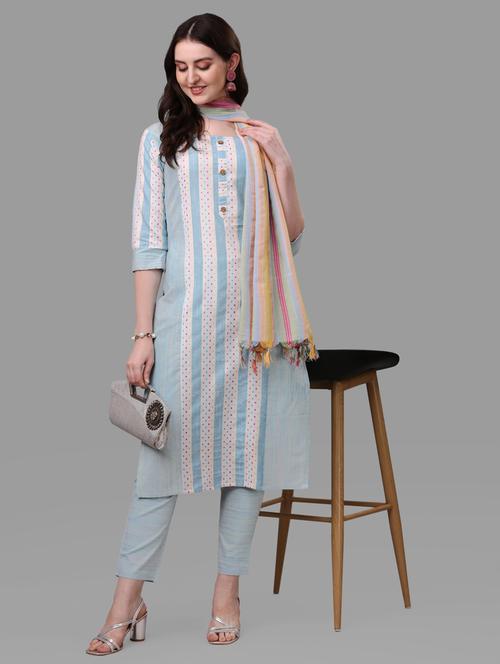 blue stripes kurta pant set with dupatta - 20170330 - Very Small Image - 1