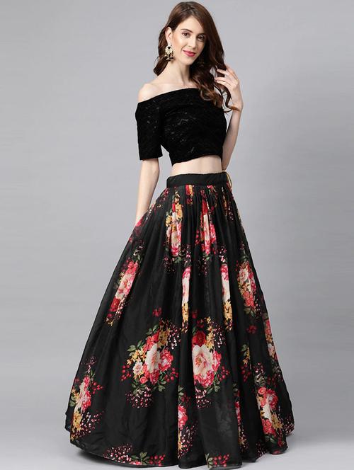 black floral printed semi-stitched lehenga - 20170554 - Very Small Image - 1