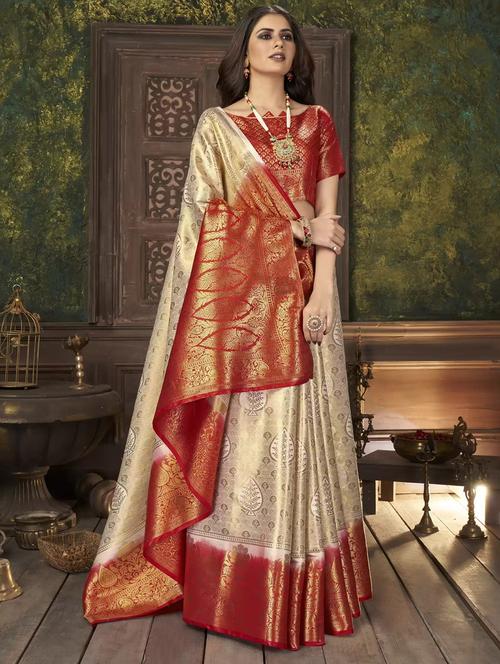 cream jacquard banarasi saree with blouse - 20171286 - Very Small Image - 1