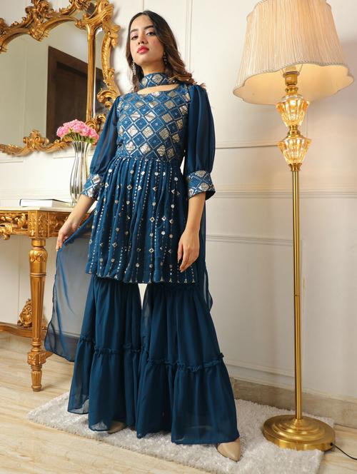 sequined blue kurta sharara set - 20171941 - Very Small Image - 1
