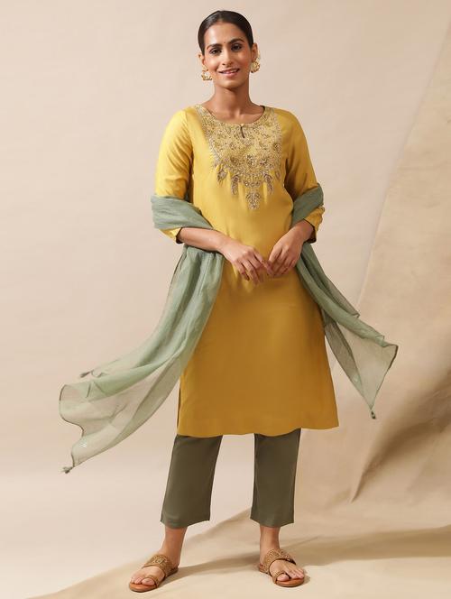 yellow round neck straight kurta - 20172444 - Very Small Image - 1