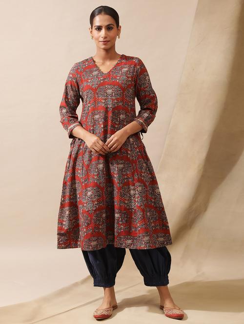 red v-neck block printed a- line kurta - 20172447 - Very Small Image - 1