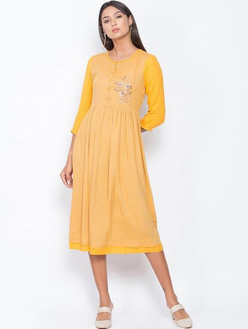 yellow viscose a-line ethnic dress - 20172508 - Very Small Image - 1