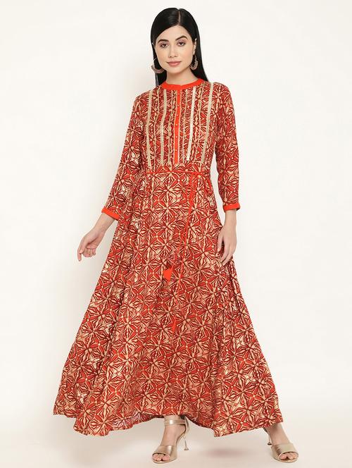 orange printed flared ethnic dress - 20172517 - Very Small Image - 1