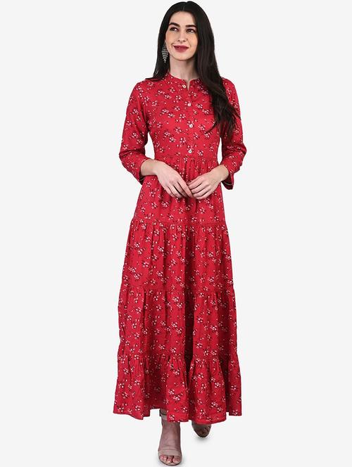 red printed tiered ethnic dress - 20172539 - Very Small Image - 1