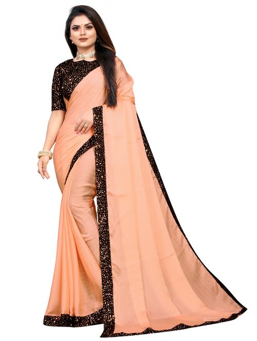 peach solid with bordered saree with blouse - 20173254 - Very Small Image - 1