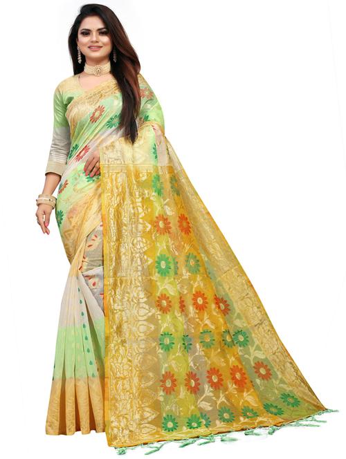 yellow cotton blend jamdani saree with blouse - 20173268 - Very Small Image - 1