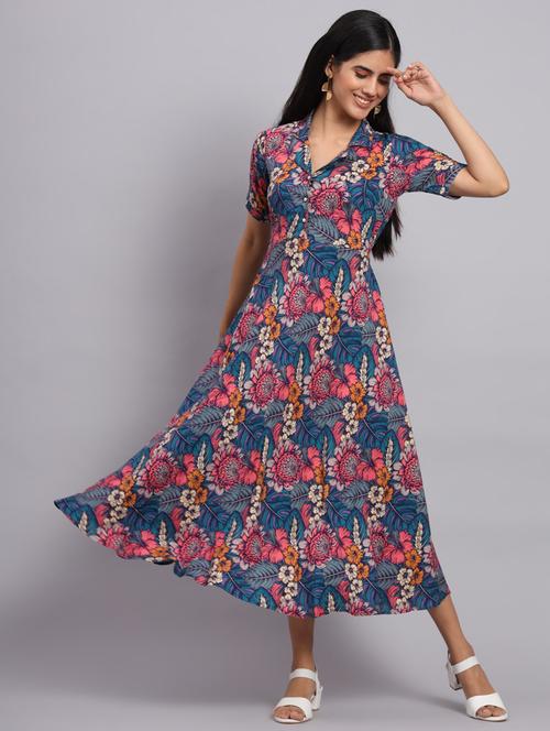 floral printed fit & flared ethnic dress - 20173778 - Very Small Image - 1