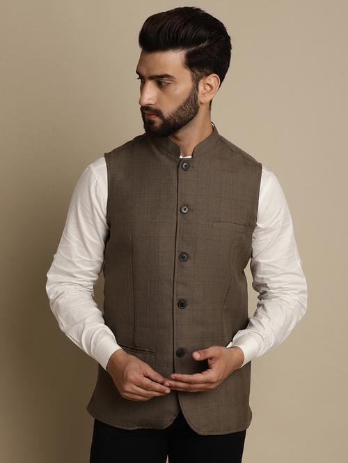 checkered slim fit nehru jacket - 20174087 - Very Small Image - 1