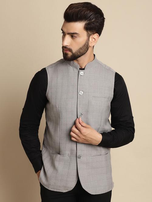 checkered slim fit nehru jacket - 20174090 - Very Small Image - 1