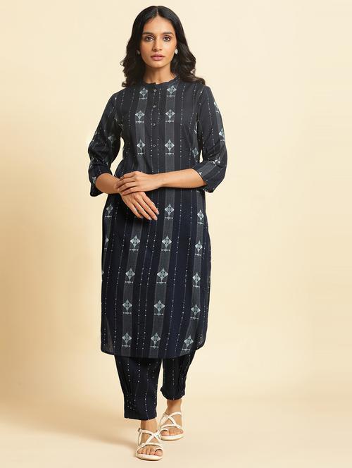 women navy blue self design kurta salwar set - 20174182 - Very Small Image - 1