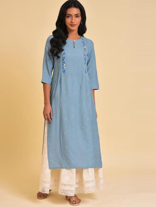 blue printed key hole neck straight kurta - 20174345 - Very Small Image - 1