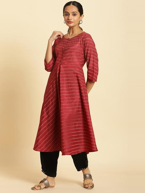 red printed round neck flared kurta - 20174393 - Very Small Image - 1