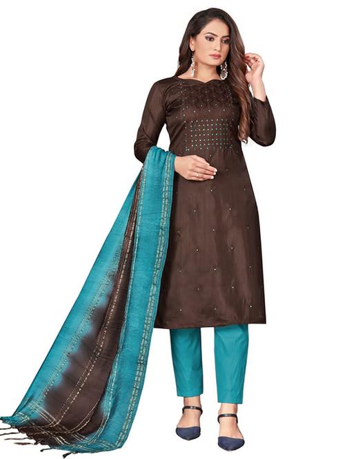 brown self design unstitched suit - 20176116 - Very Small Image - 1