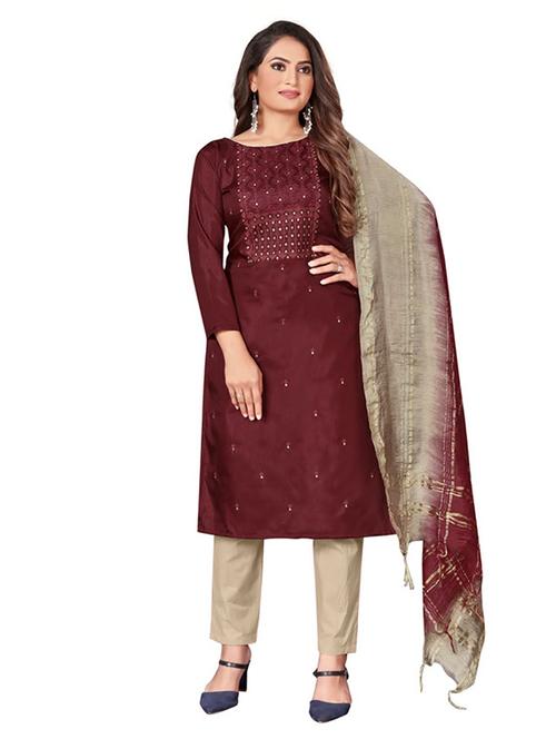 maroon self design unstitched suit - 20176117 - Very Small Image - 1