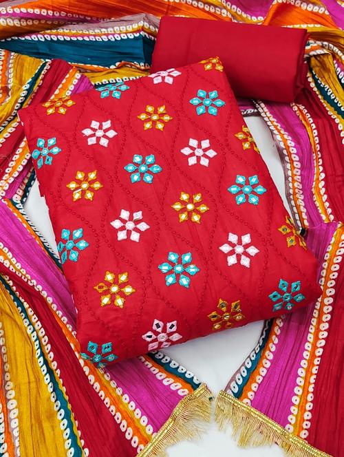 red mirror work unstitched suit - 20176140 - Very Small Image - 1