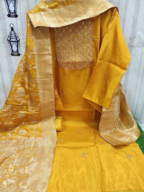 yellow self design unstitched suit - 20176176 - Very Small Image - 1