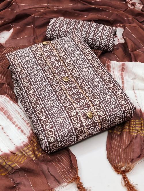brown block printed unstitched suit - 20176333 - Very Small Image - 1