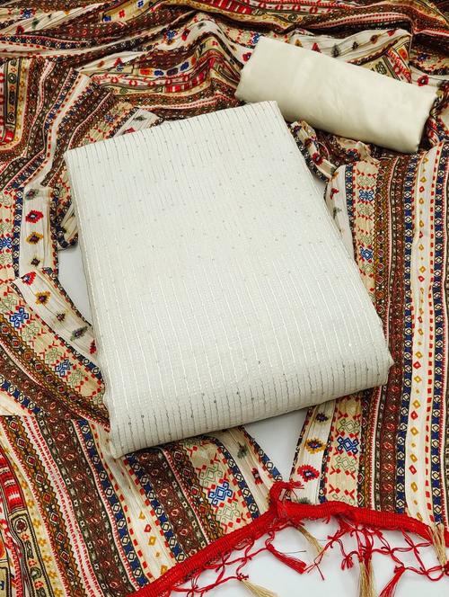 white self design unstitched suit - 20176395 - Very Small Image - 1