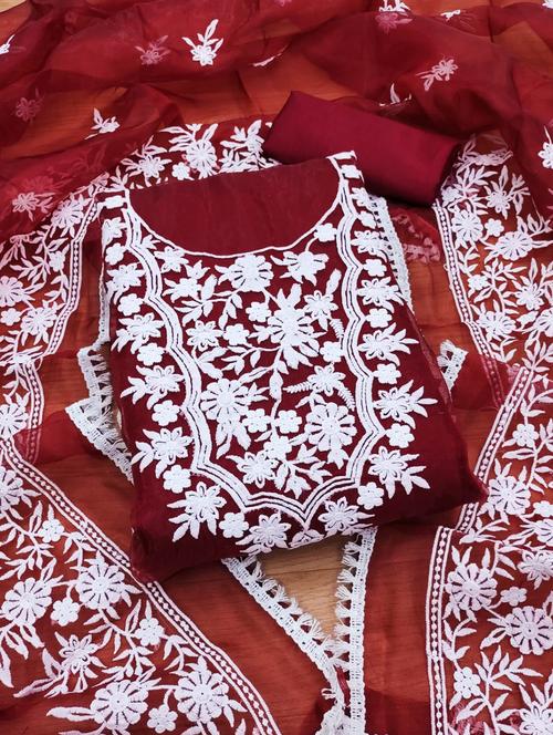 maroon embroidered unstitched suit set - 20176513 - Very Small Image - 1