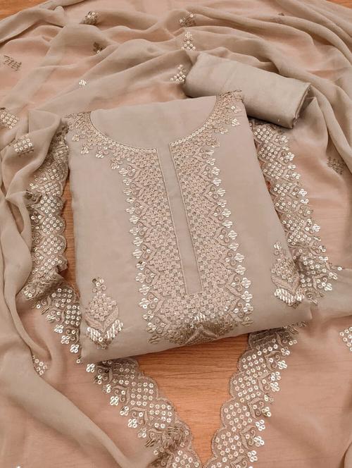 beige embroidered unstitched suit set - 20176525 - Very Small Image - 1