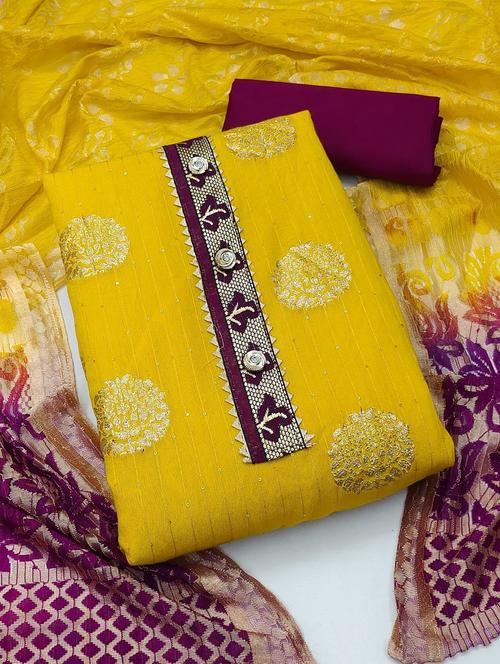 yellow jacquard unstitched salwar suit set - 20176625 - Very Small Image - 1