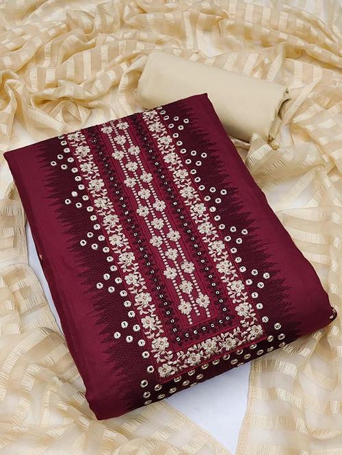 maroon embroidered unstitched suit set - 20176689 - Very Small Image - 1