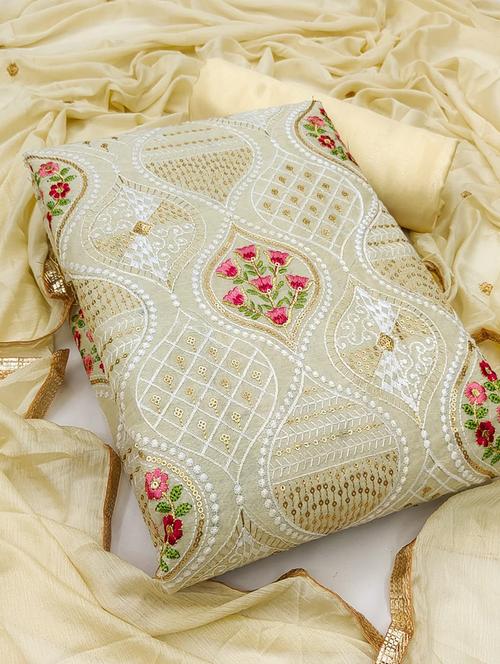 cream floral embroidered unstitched suit set - 20176737 - Very Small Image - 1