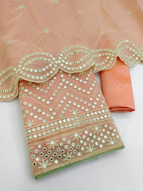 orange mirror work embroidered unstitched suit set - 20176744 - Very Small Image - 1