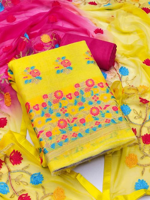 yellow jacquard unstitched salwar suit set - 20177018 - Very Small Image - 1