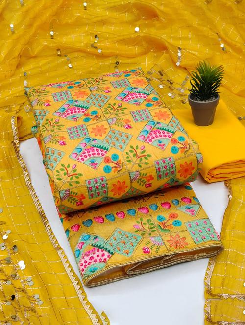 yellow self design unstitched salwar suit set - 20177898 - Very Small Image - 1