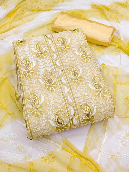 yellow chanderi cotton unstitched suit - 20178222 - Very Small Image - 1