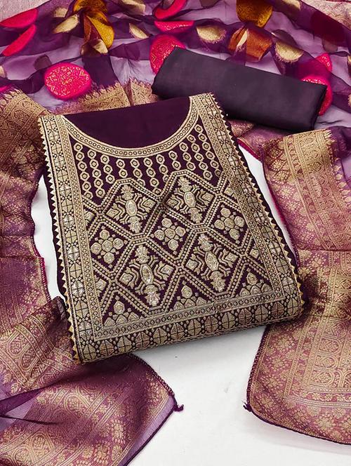 embroidered cotton unstitched suit set - 20178263 - Very Small Image - 1