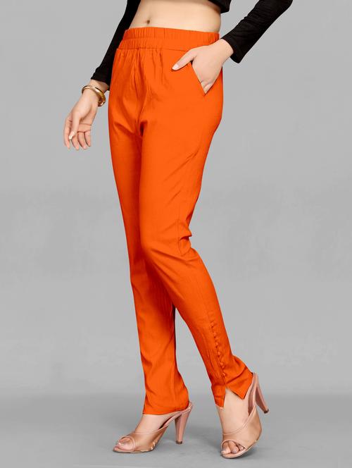 orange solid cotton cigarette trouser - 20183431 - Very Small Image - 1