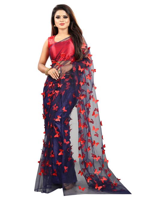 blue self design net saree with blouse - 20183647 - Very Small Image - 1