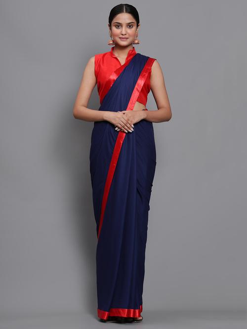 dark blue solid with bordered saree with blouse - 20183725 - Very Small Image - 1