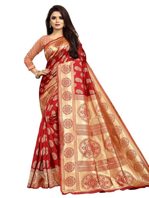 red silk blend saree with blouse - 20183778 - Very Small Image - 1