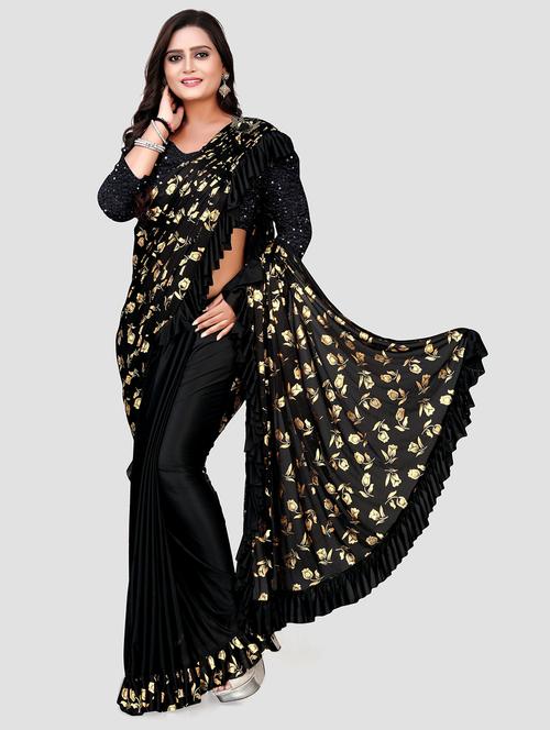 black lycra blend saree with blouse - 20183801 - Very Small Image - 1
