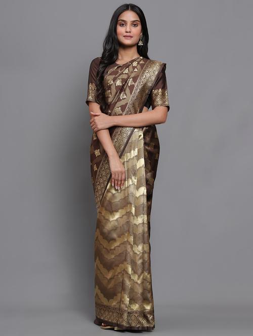 brown self design banarasi saree with blouse - 20183825 - Very Small Image - 1