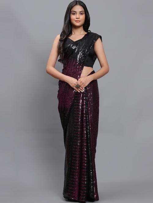 purple & black self design sequin work saree with blouse - 20184060 - Very Small Image - 1