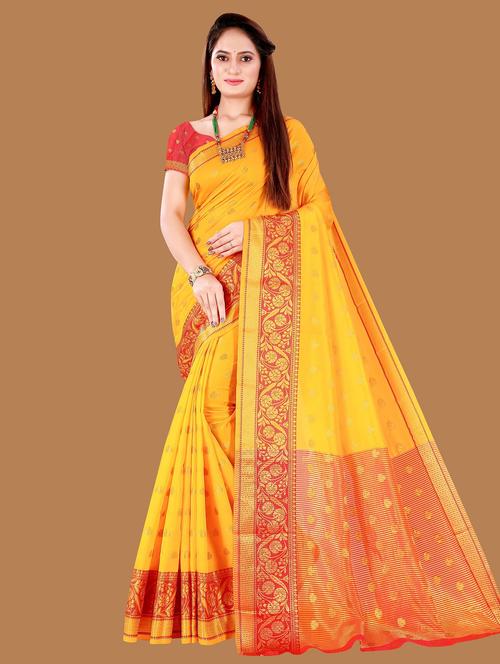 yellow self design woven saree with blouse - 20184181 - Very Small Image - 1