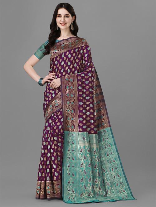 purple self design banarasi saree with blouse - 20184204 - Very Small Image - 1
