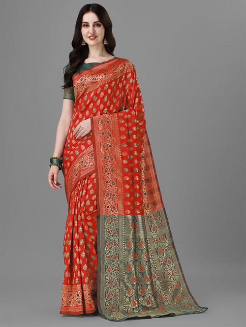 red jacquard banarasi saree with blouse - 20184209 - Very Small Image - 1