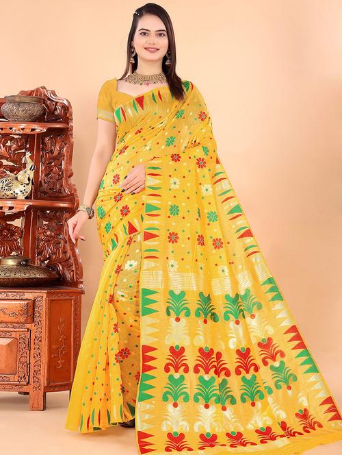 yellow self design jamdani saree with blouse - 20184212 - Very Small Image - 1